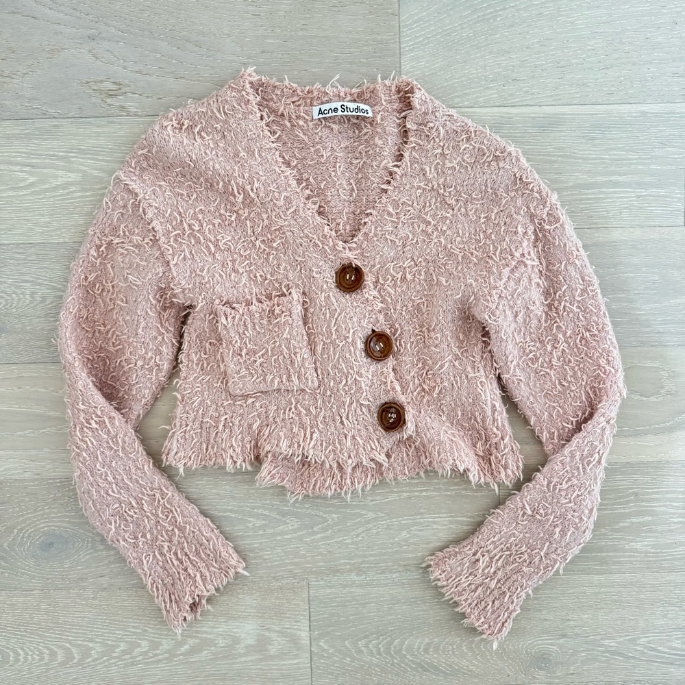 Acne Studios Kinori Distressed Knit Crop Cardigan In Pink - Size Small